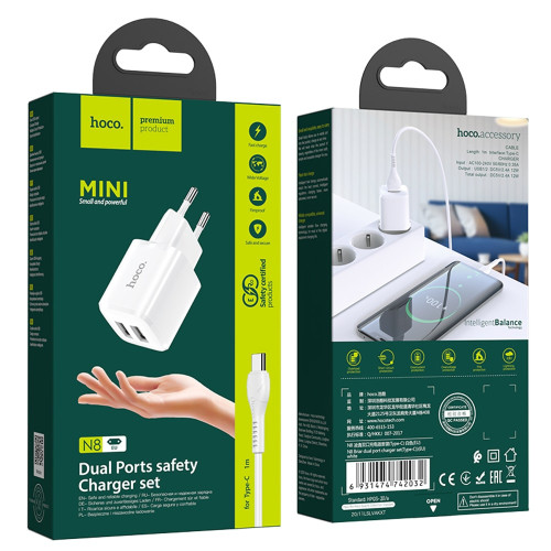 Сетевое зарядное устройство Hoco N8 2xUSB-A (12W · 2.4A) с кабелем USB-A – Type-C (White)