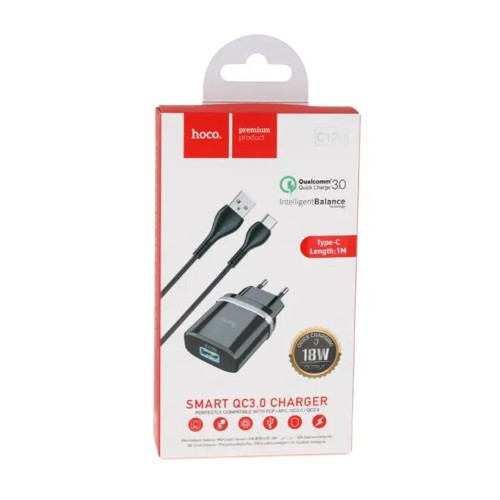 Мережевий зарядний пристрій Hoco C12Q USB-A (18W · 3A) з кабелем USB-A – Type-C (Black)