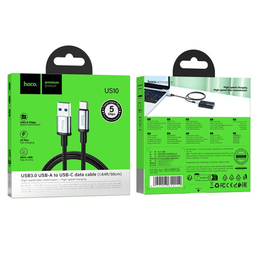 Мультимедійний кабель Hoco US10 USB-A – Type-C 3.0 5Gbit/s (0.5 м) (Black)