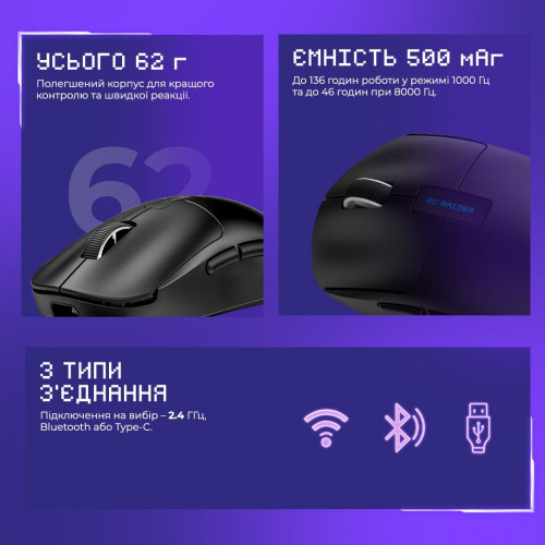 Мишка бездротова ігрова Proove Gaming RC Raider 8K (White/Purple)