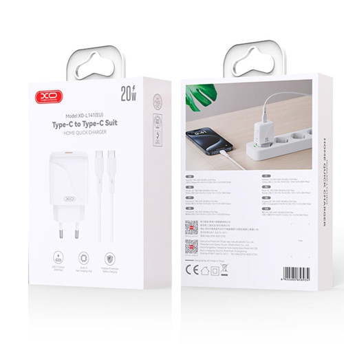 Сетевое зарядное устройство XO L141 USB-C (20W · 3A) с кабелем Type-C – Type-C (White)