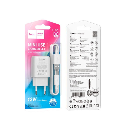 Сетевое зарядное устройство Hoco C134A USB-A (12W · 2.4A) с кабелем USB-A – Type-C (White)