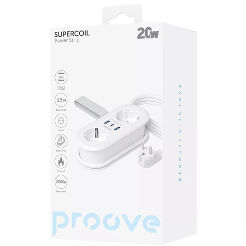 Сетевой фильтр Proove Supercoil на 2 розетки (20W · 2xUSB-A+USB-C · 1.5 м) (White)