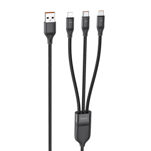 Кабель Hoco U104 Ultra charging 3-в-1 USB-A – Lightning/Micro-USB/Type-C (1.2 м · 66W · 6A) (Black)