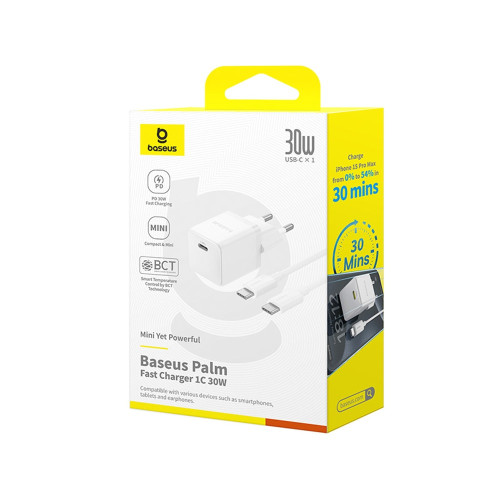 Сетевое зарядное устройство Baseus Palm Fast Charger USB-C (30W · 3A) с кабелем Type-C – Type-C 60W (P10111605213-01) (White)