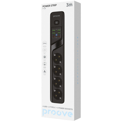 Мережевий фільтр Proove Power Socket P-04 на 4 розетки (4xUSB-A+2xUSB-C · 3 м) (Black)