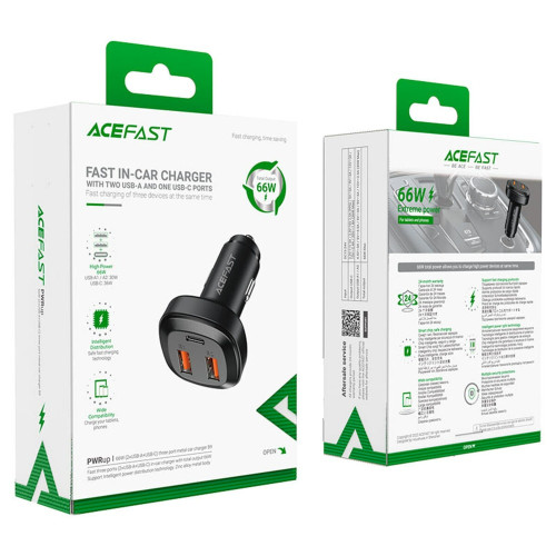 Автомобильное зарядное устройство Acefast B9 2xUSB-A+USB-C (66W) (Black)