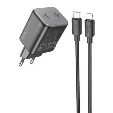 Сетевое зарядное устройство Hoco N42 2xUSB-C (45W · 3A) с кабелем Type-C – Lightning (Black)