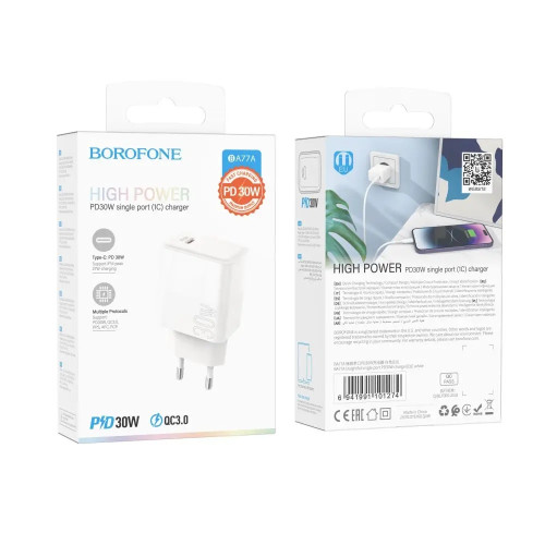 Сетевое зарядное устройство Borofone BA77A USB-C (30W · 3A) (White)