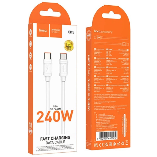 Кабель Hoco X115 Surpass Type-C – Type-C (1 м · 240W · 5A) (White)