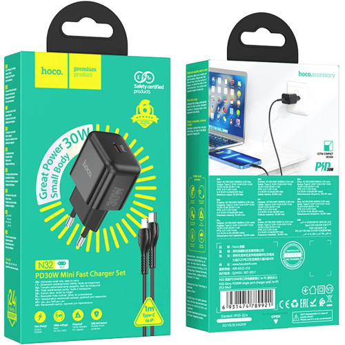 Мережевий зарядний пристрій Hoco N32 USB-C (30W · 3A) з кабелем Type-C – Lightning (Black)