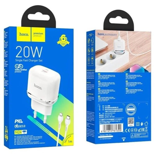 Сетевое зарядное устройство Hoco N24 USB-C (20W · 3A) с кабелем Type-C – Lightning (White)