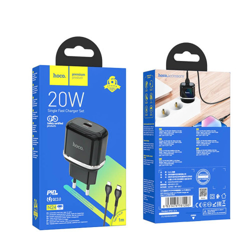 Сетевое зарядное устройство Hoco N24 USB-C (20W · 3A) с кабелем Type-C – Lightning (Black)