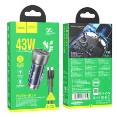 Автомобильное зарядное устройство Hoco NZ8 USB-A+USB-C (43W · 3A) с кабелем Type-C – Lightning (Blue)