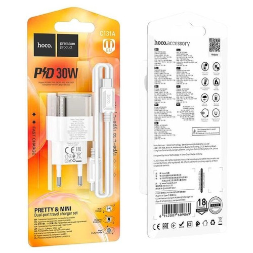 Сетевое зарядное устройство Hoco C131A USB-A+USB-C (30W · 3A) с кабелем Type-C – Type-C (Transparent Black)