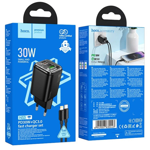 Сетевое зарядное устройство Hoco N53 USB-A+USB-C (30W · 3A) с кабелем Type-C – Lightning (Black)
