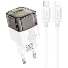 Сетевое зарядное устройство Hoco C131A USB-A+USB-C (30W · 3A) с кабелем Type-C – Lightning (Transparent Black)
