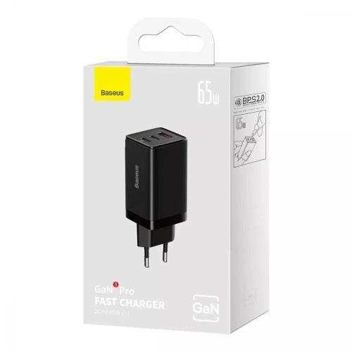 Сетевое зарядное устройство Baseus GaN5 Pro USB-A+2xUSB-C (65W · 3A) с кабелем Type-C – Type-C 100W 5A (CCGP120201) (Black)