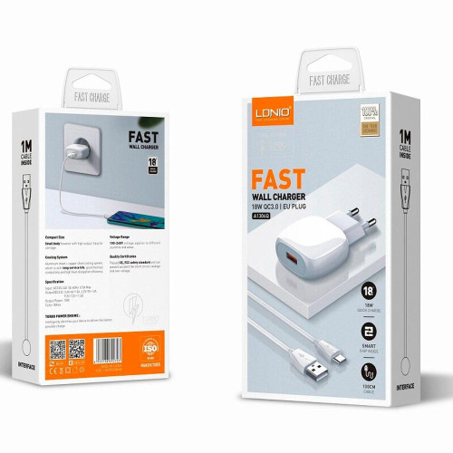 Сетевое зарядное устройство LDNIO A1306q USB-A (18W · 3A) с кабелем USB-A – Type-C (White)