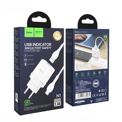 Сетевое зарядное устройство Hoco N1 USB-A (12W · 2.4A) с кабелем USB-A – Type-C (White)