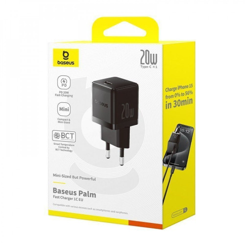 Мережевий зарядний пристрій Baseus Palm Fast Charger USB-C (20W · 3A) з кабелем Type-C – Lightning 20W (E0116401) (Black)
