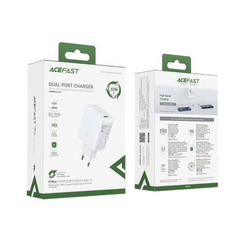 Сетевое зарядное устройство Acefast A5 USB-A+USB-C (32W · 2.4A) (White)
