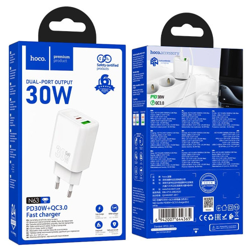 Сетевое зарядное устройство Hoco N63 USB-A+USB-C (30W · 3A) (White)