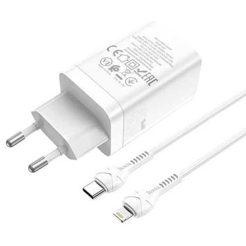 Мережевий зарядний пристрій Hoco N23 2xUSB-C (45W · 3A) з кабелем Type-C – Lightning (White)
