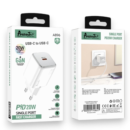 Сетевое зарядное устройство Avantis A896 USB-C (20W · 3A) с кабелем Type-C – Type-C (White)