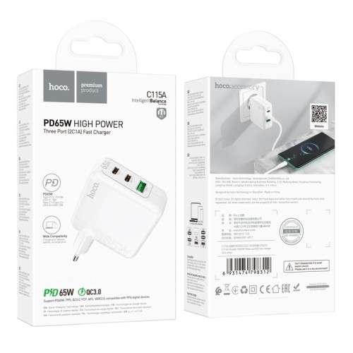 Сетевое зарядное устройство Hoco C115A USB-A+2xUSB-C (65W · 3A) (White)