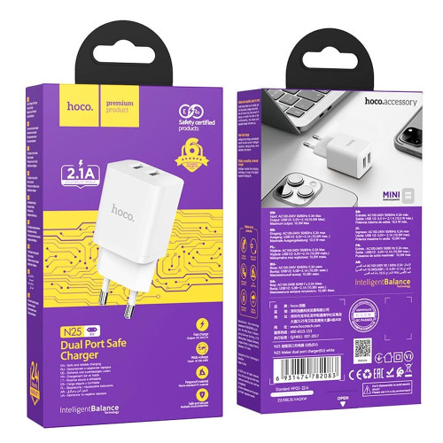 Сетевое зарядное устройство Hoco N25 2xUSB-A (10.5W · 2.1A) (White)