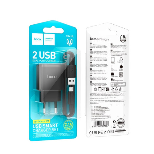 Сетевое зарядное устройство Hoco C141A 2xUSB-A (10.5W · 2.1A) с кабелем USB-A – Micro-USB (Black)