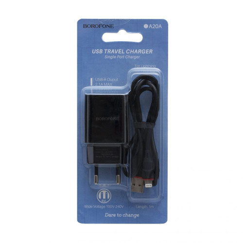 Мережевий зарядний пристрій Borofone BA20A USB-A (10.5W · 2.1A) з кабелем USB-A – Lightning (Black)