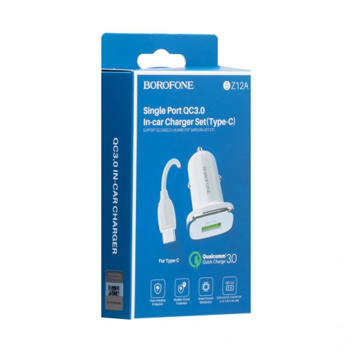 Автомобільний зарядний пристрій Borofone BZ12A USB-A (18W · 3A) з кабелем USB-A – Type-C (White)