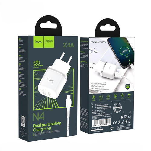 Сетевое зарядное устройство Hoco N4 2xUSB-A (12W · 2.4A) с кабелем USB-A – Type-C (White)