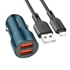 Автомобильное зарядное устройство Borofone BZ19 Wisdom 2xUSB-A (12W · 2.4A) с кабелем USB-A – Lightning (Sapphire Blue)