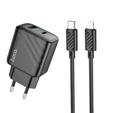 Сетевое зарядное устройство Hoco CS23A USB-A+USB-C (30W · 3A) с кабелем Type-C – Lightning (Black)