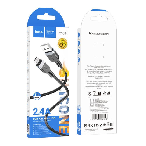 Кабель Hoco X109 USB-A – Micro-USB (3 м · 12W · 2.4A) (Black)