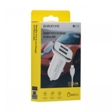 Автомобільний зарядний пристрій Borofone BZ12 2xUSB-A (12W · 2.4A) з кабелем USB-A – Micro-USB (White)