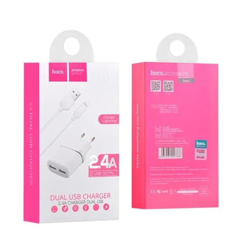 Сетевое зарядное устройство Hoco C12 2xUSB-A (12W · 2.4A) с кабелем USB-A – Lightning (White)