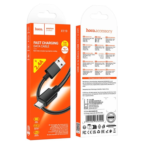 Кабель Hoco X119 USB-A – Micro-USB (1 м · 12W · 2.4A) (Black)
