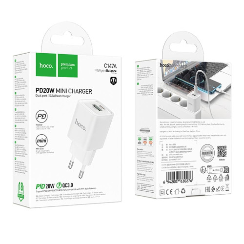 Сетевое зарядное устройство Hoco C147A USB-A+USB-C (20W · 3A) (White)