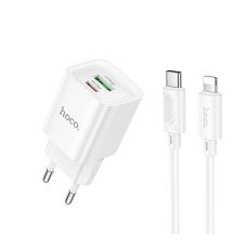 Мережевий зарядний пристрій Hoco C147A USB-A+USB-C (20W · 3A) з кабелем Type-C – Lightning (White)