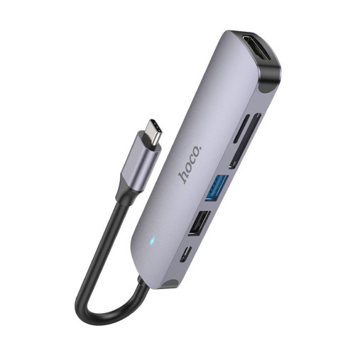 USB-хаб Hoco HB28 6в1 Type-C (HDMI · USB 3.0 · USB 2.0 · SD · microSD · PD) (Metal Gray)