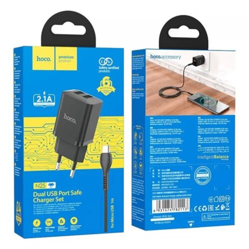 Сетевое зарядное устройство Hoco N25 2xUSB-A (10.5W · 2.1A) с кабелем USB-A – Micro-USB (Black)