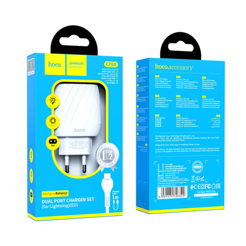Мережевий зарядний пристрій Hoco C78A 2xUSB-A (12W · 2.4A) з кабелем USB-A – Lightning (White)