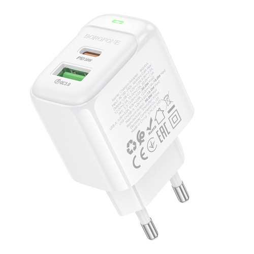 Мережевий зарядний пристрій Borofone BAS45A USB-A+USB-C (30W · 3A) (White)