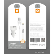 Автомобильное зарядное устройство WUW T22 2xUSB-A (10.5W · 2.1A) с кабелем USB-A – Lightning (White)