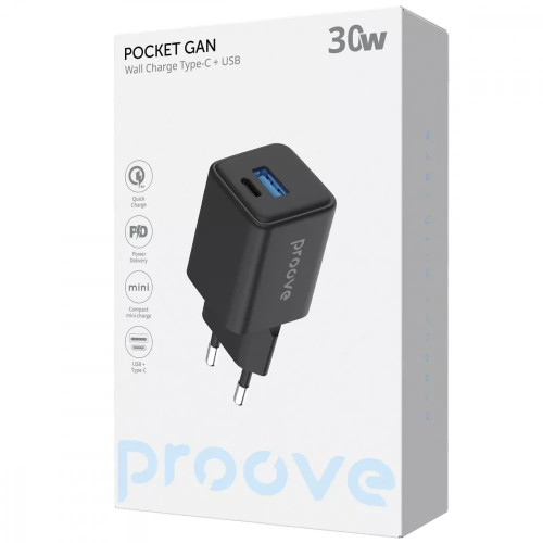 Сетевое зарядное устройство Proove Pocket Gan USB-A+USB-C (30W · 3A) (Black)