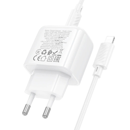 Сетевое зарядное устройство Hoco CS55A USB-A+USB-C (30W · 3A) с кабелем Type-C – Lightning (White)